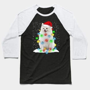 White Pomeranian Christmas Santa Hat Xmas Tree Color Lights Baseball T-Shirt